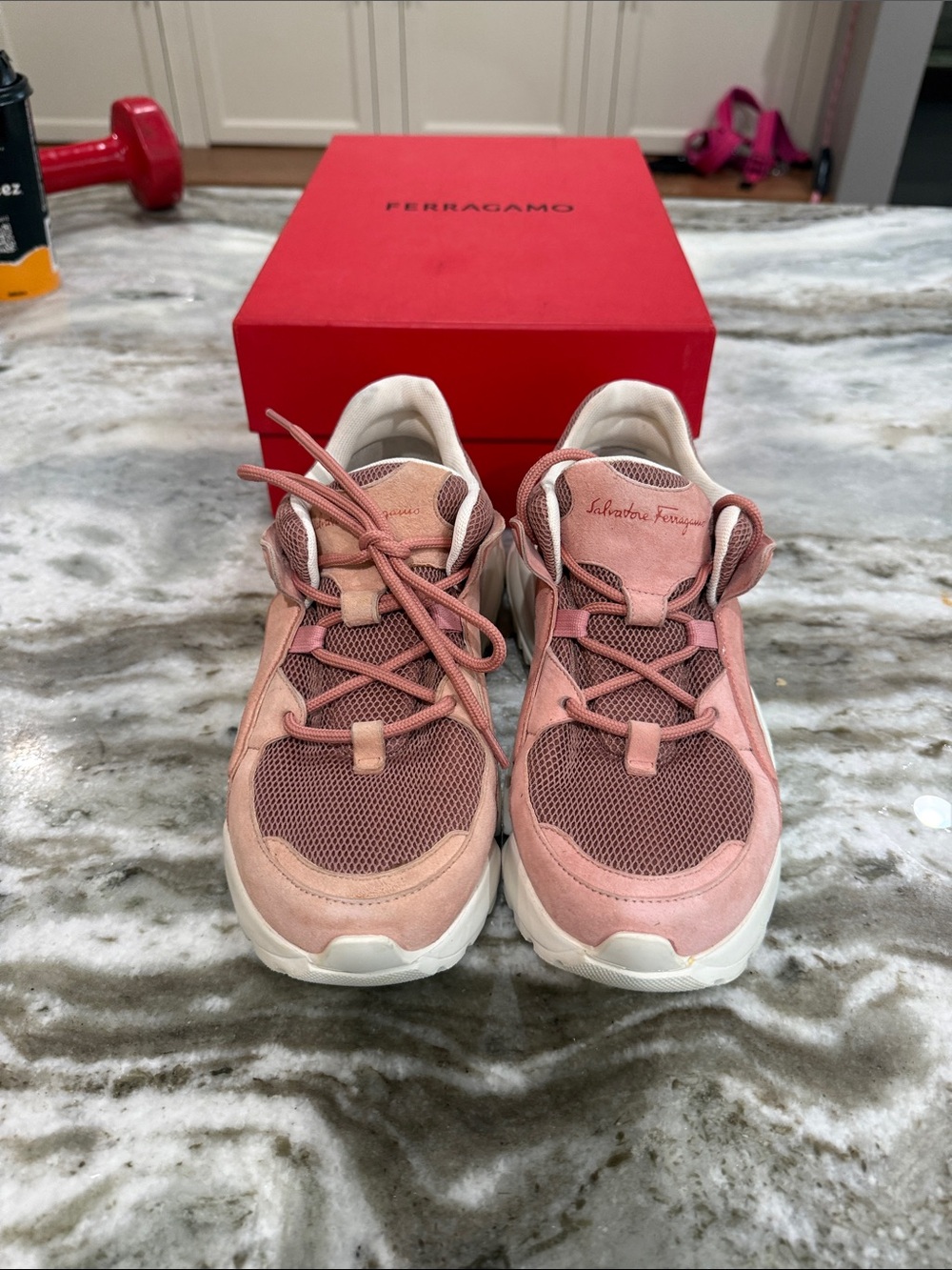 Salvatore Ferragamo Dusty Pink Suede & Mesh Chunky Sneakers Like New Size 6.5